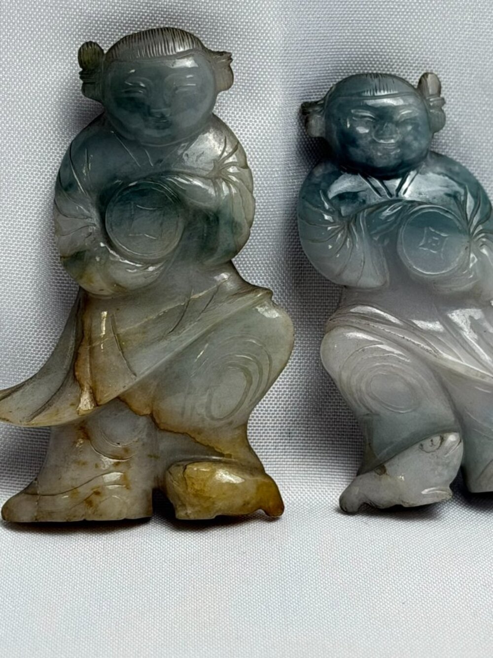 Hand Carved Serpentine Asian Vintage Figures Serene Guardians 3" & 3½" Pair